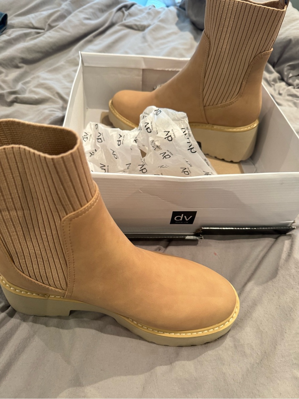 DV by Dolce Vita Tan Ribbed Chelsea Platform Booties